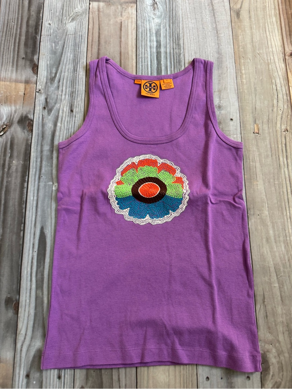 Tory Burch Purple Tank with Multicolor Embroidered Medallion